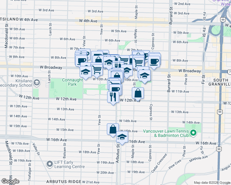 map of restaurants, bars, coffee shops, grocery stores, and more near 2719 Arbutus Street in Vancouver