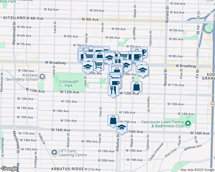 map of restaurants, bars, coffee shops, grocery stores, and more near 101 Salal Drive in Vancouver