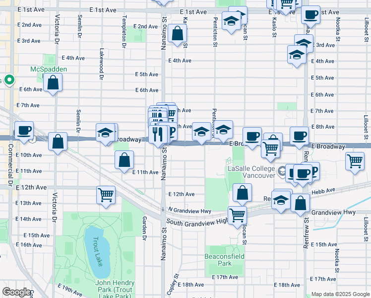 map of restaurants, bars, coffee shops, grocery stores, and more near 2528 East Broadway in Vancouver