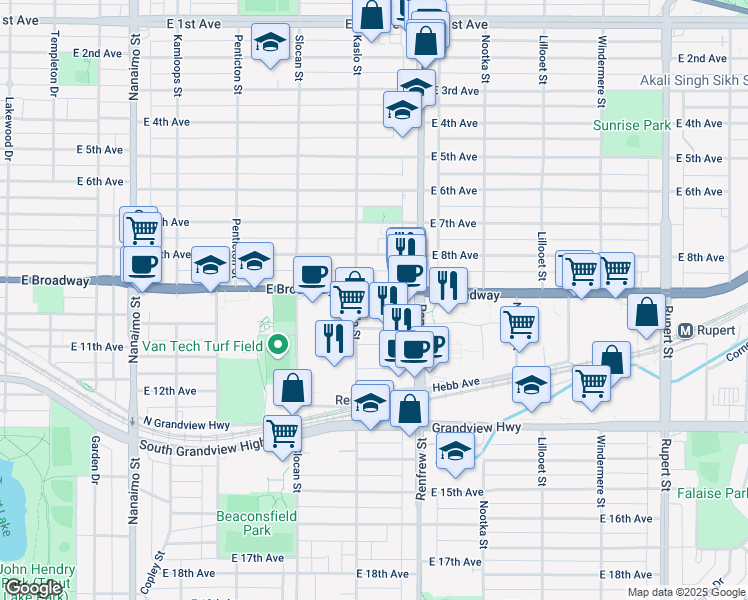 map of restaurants, bars, coffee shops, grocery stores, and more near 2832 East Broadway in Vancouver