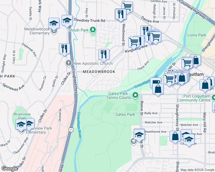 map of restaurants, bars, coffee shops, grocery stores, and more near 3000 Riverbend Drive in Coquitlam