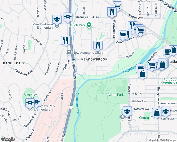 map of restaurants, bars, coffee shops, grocery stores, and more near Riverbend Drive in Port Coquitlam