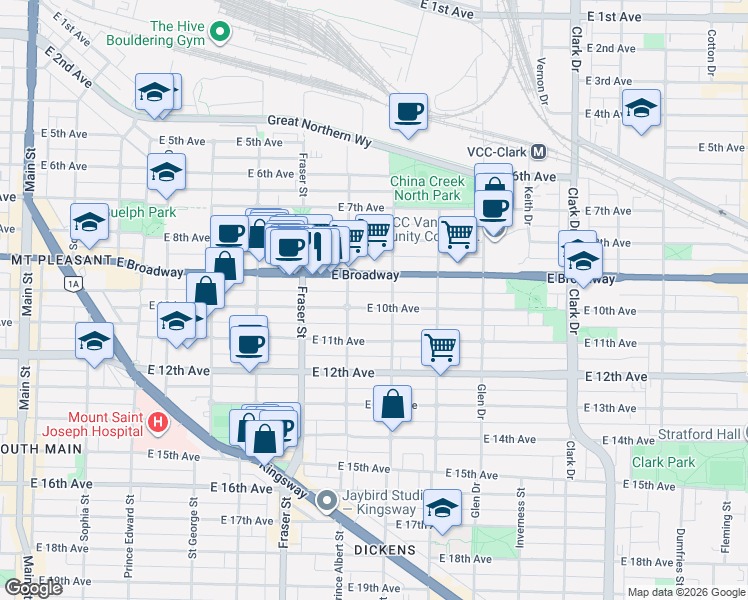 map of restaurants, bars, coffee shops, grocery stores, and more near 847 East 10th Avenue in Vancouver