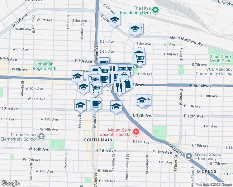 map of restaurants, bars, coffee shops, grocery stores, and more near 233 Kingsway in Vancouver