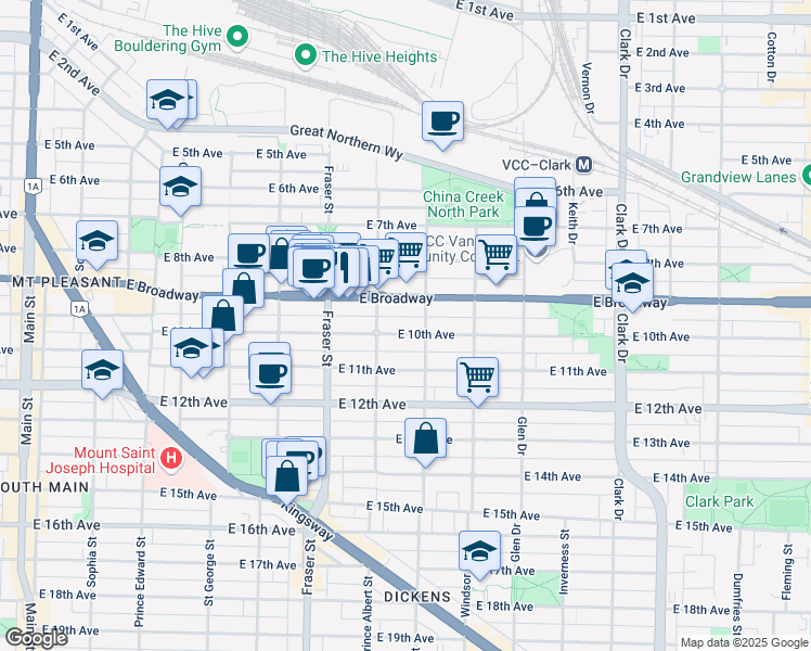map of restaurants, bars, coffee shops, grocery stores, and more near 847 East 10th Avenue in Vancouver