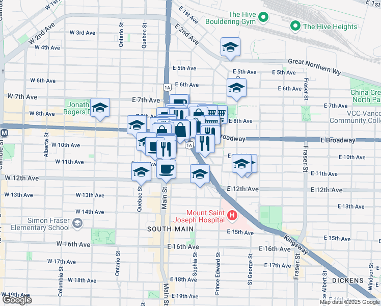 map of restaurants, bars, coffee shops, grocery stores, and more near 208 Kingsway in Vancouver