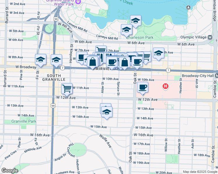 map of restaurants, bars, coffee shops, grocery stores, and more near 1155 West 11th Avenue in Vancouver