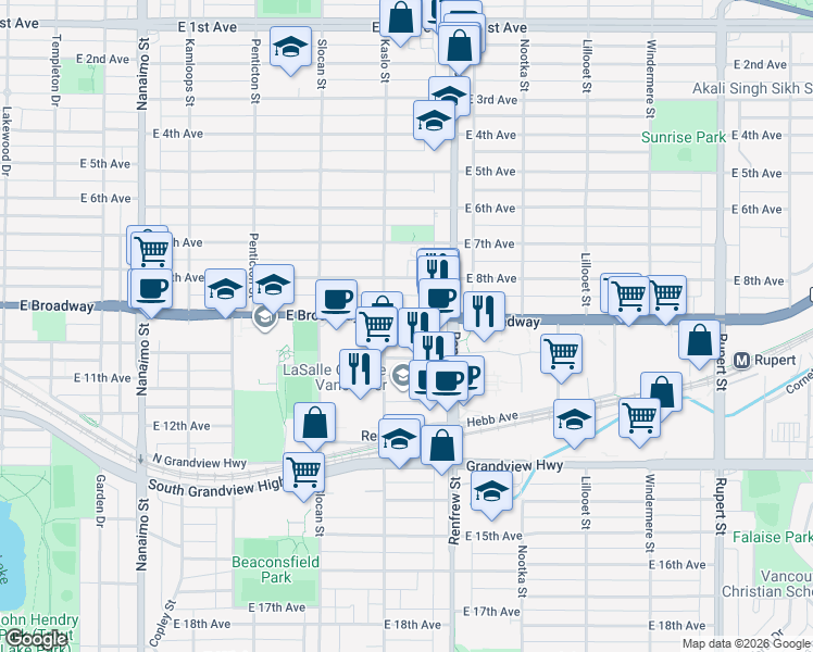 map of restaurants, bars, coffee shops, grocery stores, and more near 2838 East Broadway in Vancouver
