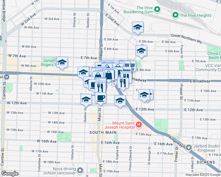 map of restaurants, bars, coffee shops, grocery stores, and more near 268 East 10th Avenue in Vancouver