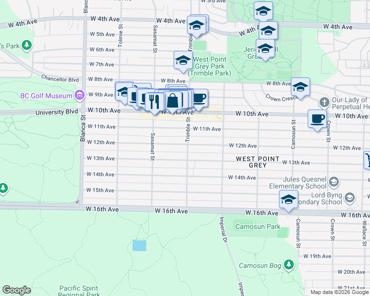 map of restaurants, bars, coffee shops, grocery stores, and more near 4402 West 12th Avenue in Vancouver
