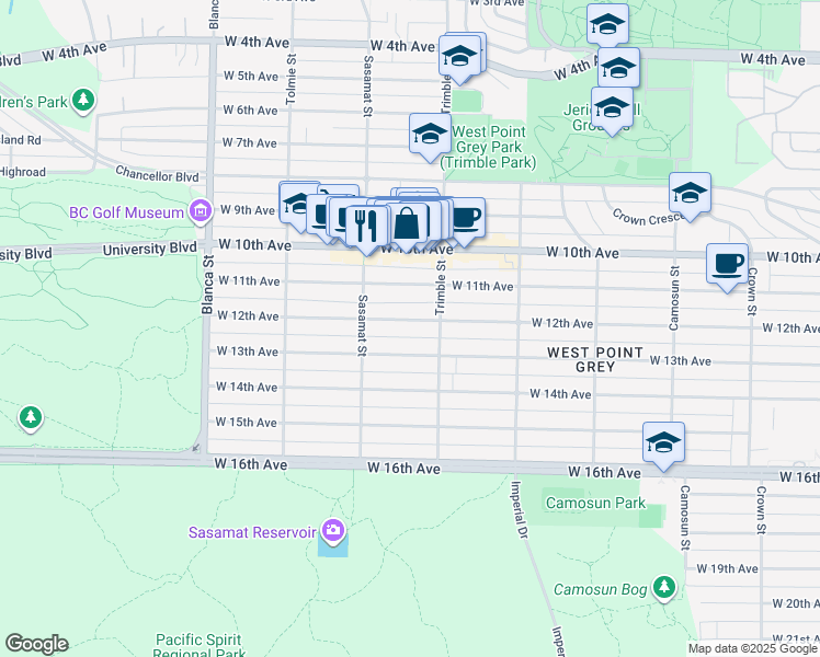 map of restaurants, bars, coffee shops, grocery stores, and more near 4436 West 12th Avenue in Vancouver