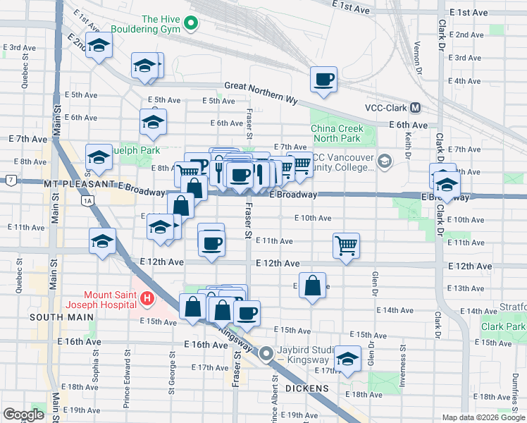 map of restaurants, bars, coffee shops, grocery stores, and more near 735 East 10th Avenue in Vancouver