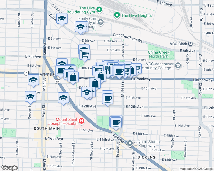 map of restaurants, bars, coffee shops, grocery stores, and more near 557 East 10th Avenue in Vancouver