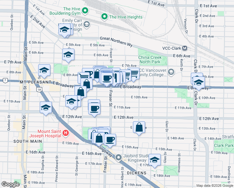 map of restaurants, bars, coffee shops, grocery stores, and more near 735 East 10th Avenue in Vancouver