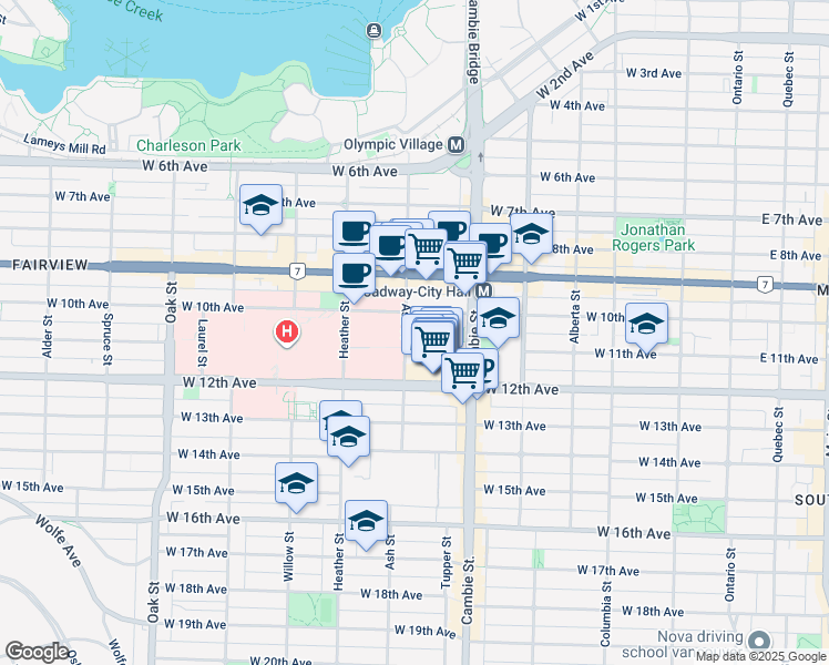 map of restaurants, bars, coffee shops, grocery stores, and more near 2628 Ash Street in Vancouver
