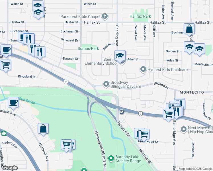 map of restaurants, bars, coffee shops, grocery stores, and more near 6614 Broadway in Burnaby