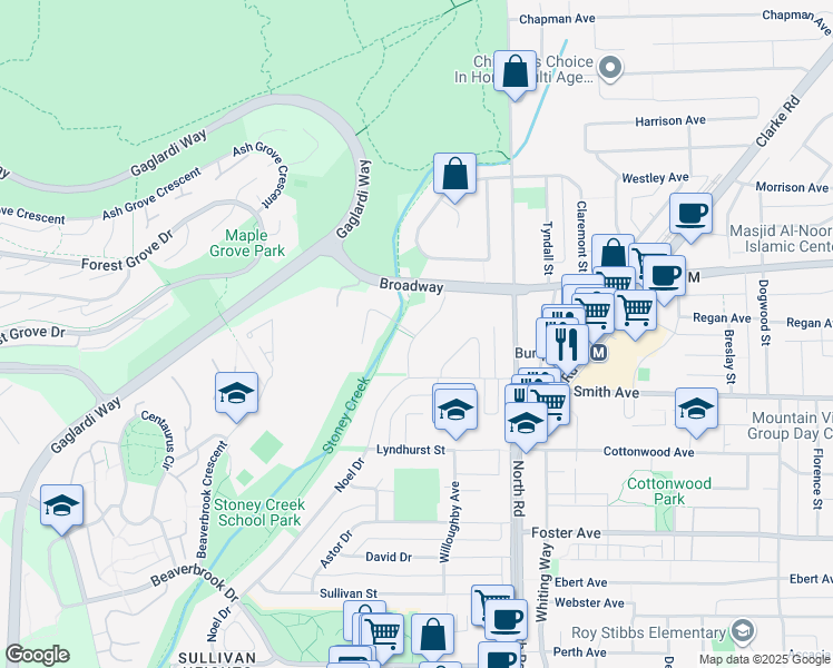map of restaurants, bars, coffee shops, grocery stores, and more near 2525 Norcrest Court in Burnaby