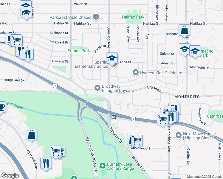 map of restaurants, bars, coffee shops, grocery stores, and more near 6717 Broadway in Burnaby