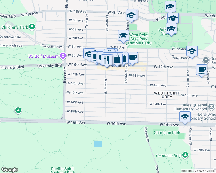 map of restaurants, bars, coffee shops, grocery stores, and more near 4490 West 12th Avenue in Vancouver