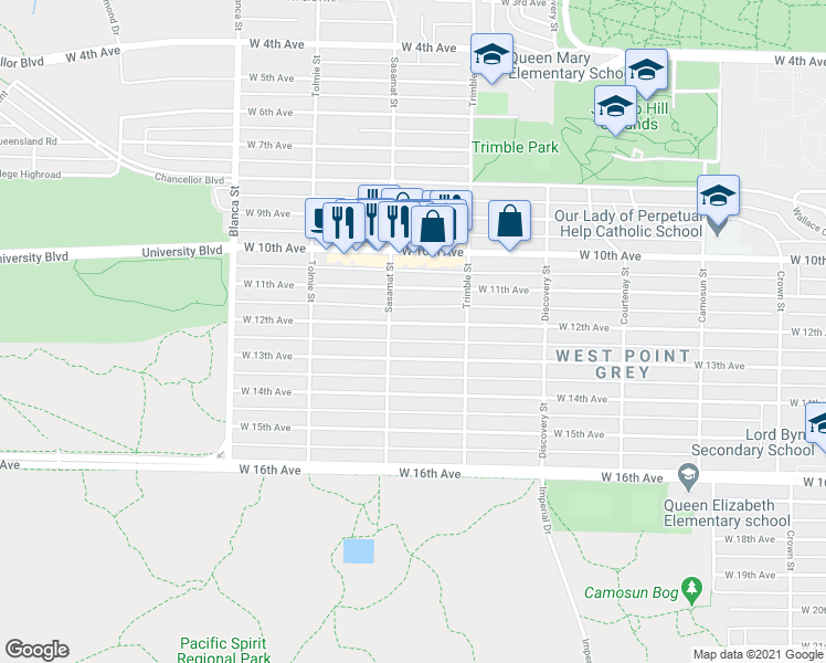 map of restaurants, bars, coffee shops, grocery stores, and more near 4470 West 12th Avenue in Vancouver