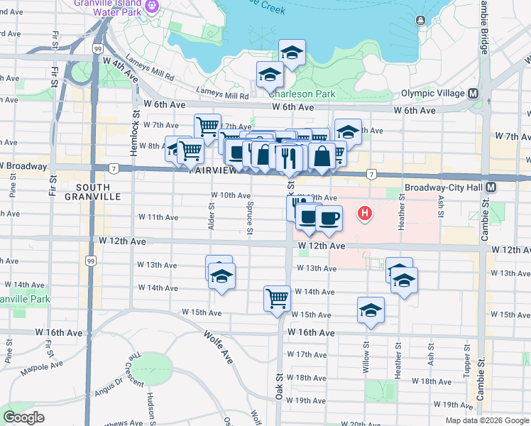 map of restaurants, bars, coffee shops, grocery stores, and more near 1065 West 11th Avenue in Vancouver