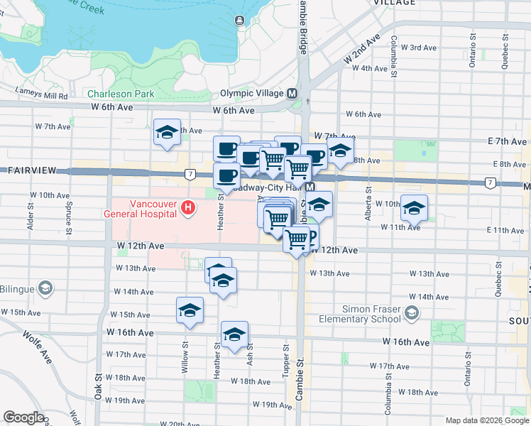 map of restaurants, bars, coffee shops, grocery stores, and more near 2638 Ash Street in Vancouver