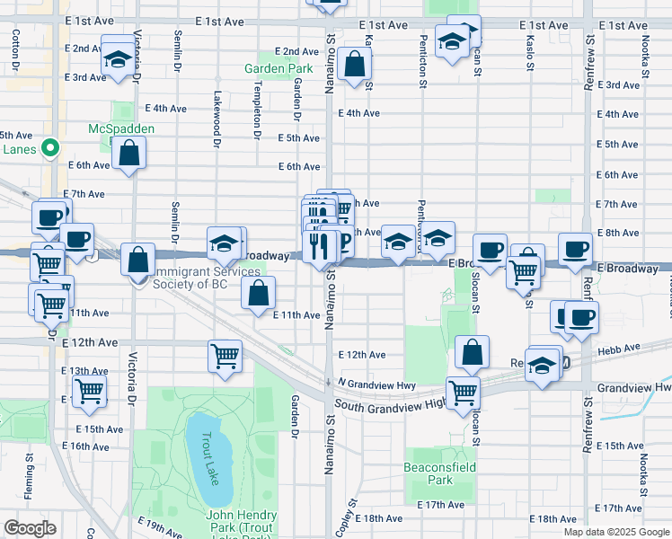 map of restaurants, bars, coffee shops, grocery stores, and more near 2522 Nanaimo Street in Vancouver