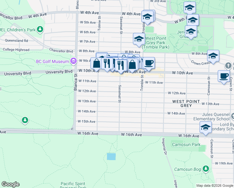 map of restaurants, bars, coffee shops, grocery stores, and more near 4508 West 12th Avenue in Vancouver