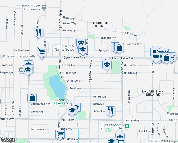 map of restaurants, bars, coffee shops, grocery stores, and more near 1424 Regan Avenue in Coquitlam