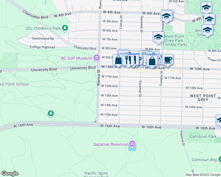 map of restaurants, bars, coffee shops, grocery stores, and more near 4636 West 12th Avenue in Vancouver