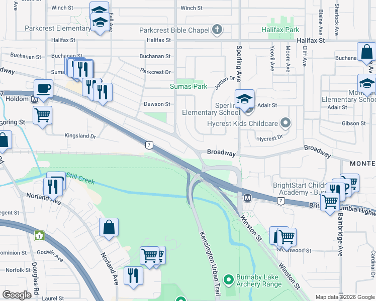 map of restaurants, bars, coffee shops, grocery stores, and more near 6552 Broadway in Burnaby