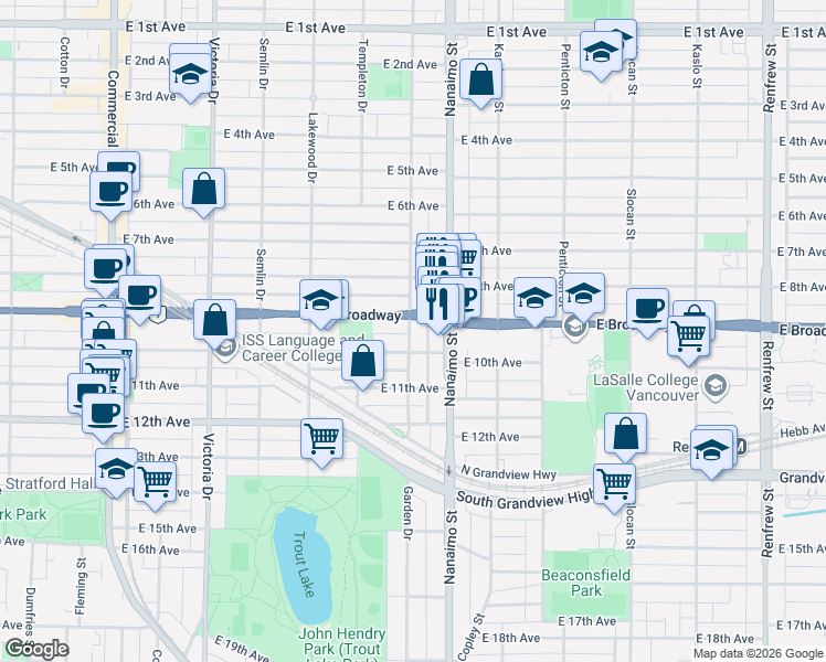 map of restaurants, bars, coffee shops, grocery stores, and more near 2550 Garden Drive in Vancouver