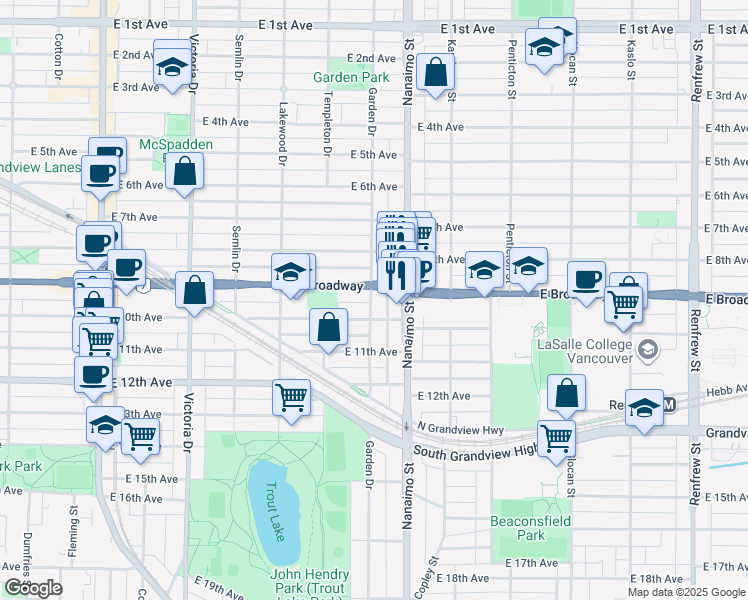 map of restaurants, bars, coffee shops, grocery stores, and more near 2550 Garden Drive in Vancouver