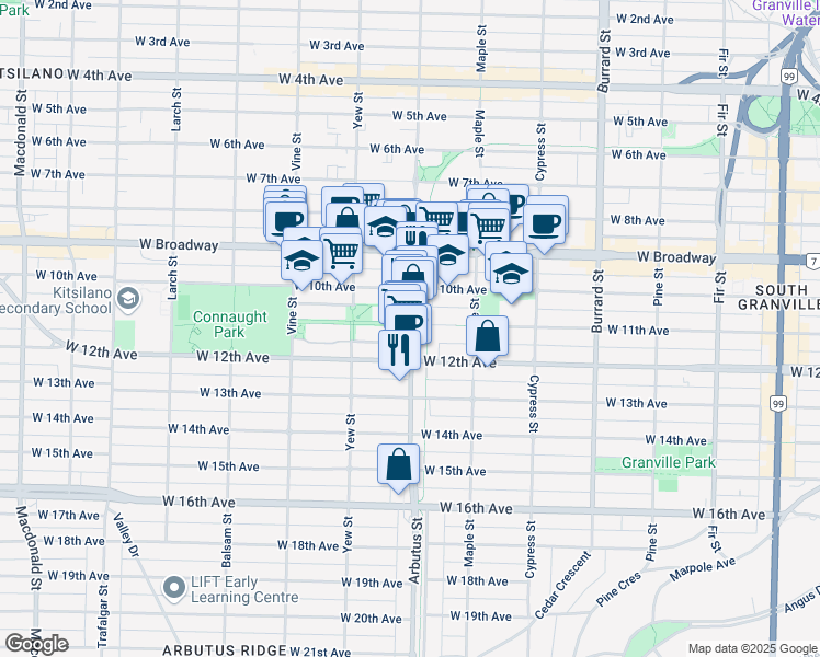 map of restaurants, bars, coffee shops, grocery stores, and more near in Vancouver