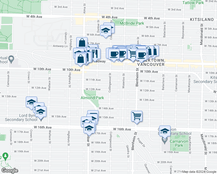 map of restaurants, bars, coffee shops, grocery stores, and more near 3505 West 12th Avenue in Vancouver