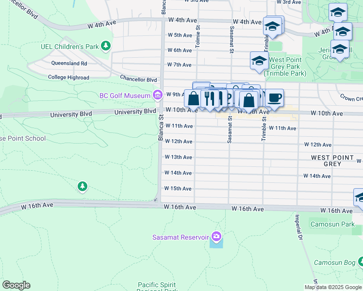 map of restaurants, bars, coffee shops, grocery stores, and more near 4636 West 12th Avenue in Vancouver