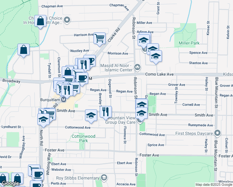 map of restaurants, bars, coffee shops, grocery stores, and more near 702 Regan Avenue in Coquitlam