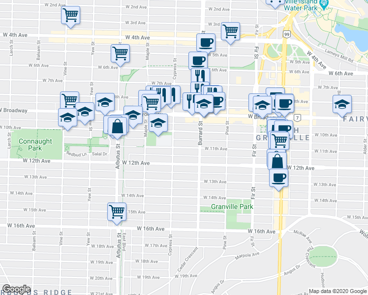 map of restaurants, bars, coffee shops, grocery stores, and more near 1856 West 11th Avenue in Vancouver