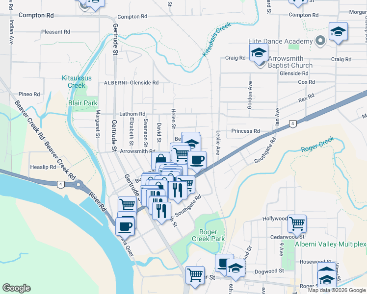 map of restaurants, bars, coffee shops, grocery stores, and more near 4553 Arrowsmith Road in Port Alberni