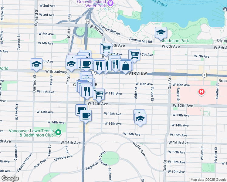 map of restaurants, bars, coffee shops, grocery stores, and more near 1333 West 11th Avenue in Vancouver
