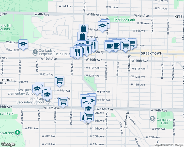 map of restaurants, bars, coffee shops, grocery stores, and more near 3617 West 12th Avenue in Vancouver