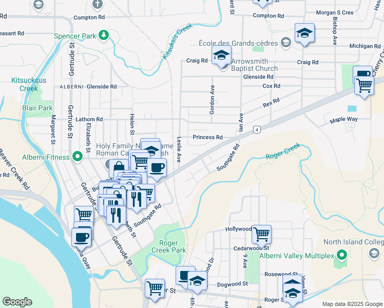 map of restaurants, bars, coffee shops, grocery stores, and more near 4383 Arrowsmith Road in Port Alberni