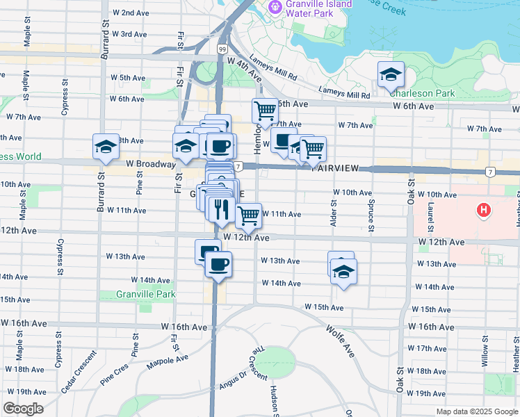 map of restaurants, bars, coffee shops, grocery stores, and more near 2640 Hemlock Street in Vancouver