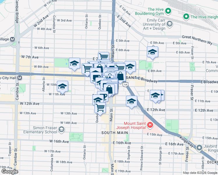 map of restaurants, bars, coffee shops, grocery stores, and more near in Vancouver