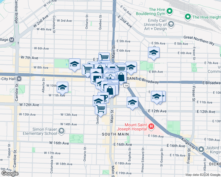 map of restaurants, bars, coffee shops, grocery stores, and more near 2603 Main Street in Vancouver