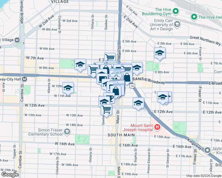 map of restaurants, bars, coffee shops, grocery stores, and more near 160 East 10th Avenue in Vancouver