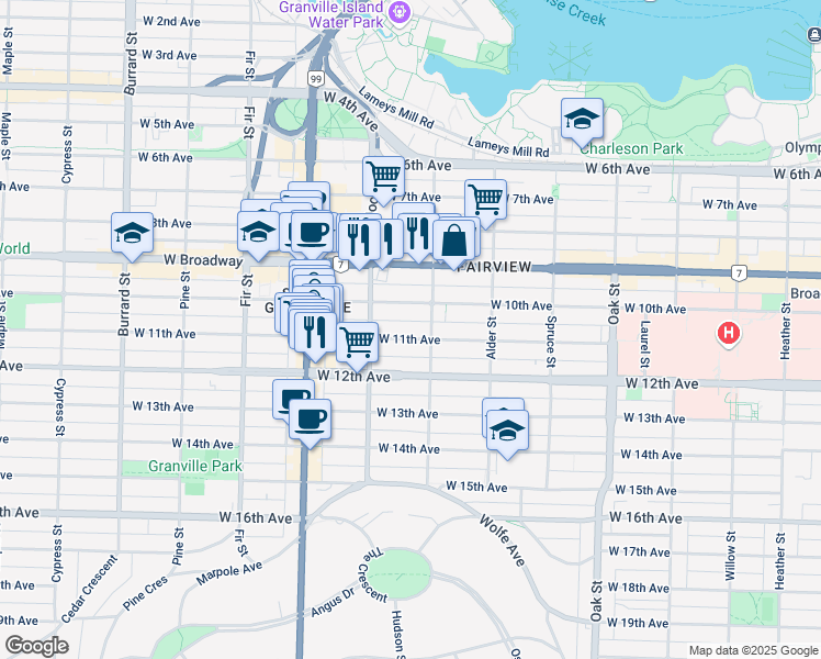 map of restaurants, bars, coffee shops, grocery stores, and more near in Vancouver