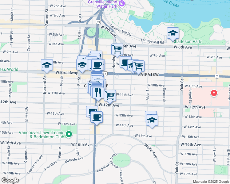 map of restaurants, bars, coffee shops, grocery stores, and more near 2638 Hemlock Street in Vancouver