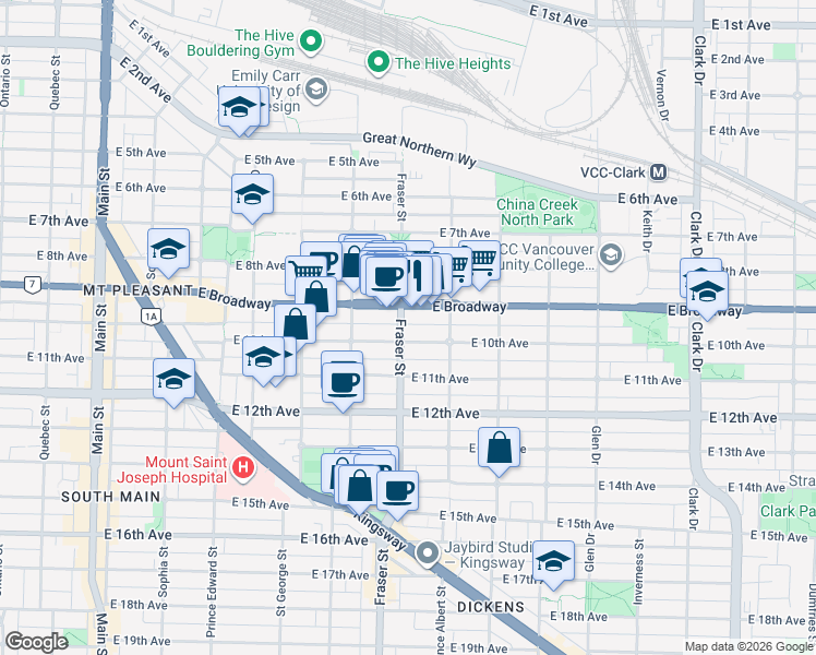 map of restaurants, bars, coffee shops, grocery stores, and more near 2532 Fraser Street in Vancouver
