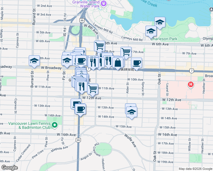 map of restaurants, bars, coffee shops, grocery stores, and more near 1333 West 11th Avenue in Vancouver